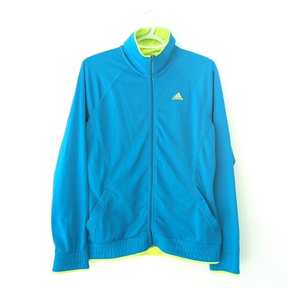 Adidas Women's Teal and Neon Lime Full Zipped Embroidered Jacket ~ Size Medium